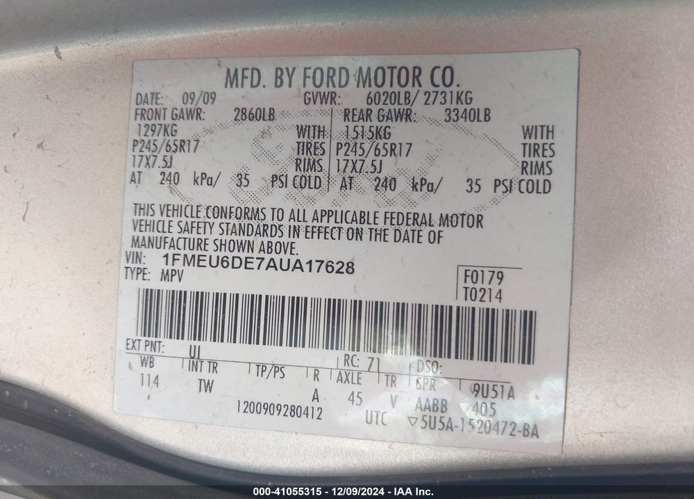 2010 FORD EXPLORER XLT VIN: 1FMEU6DE7AUA17628