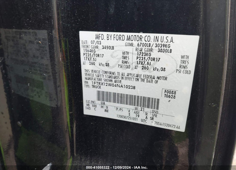 2004 FORD F-150 STX/XL/XLT VIN: 1FTRX12W04NA10238