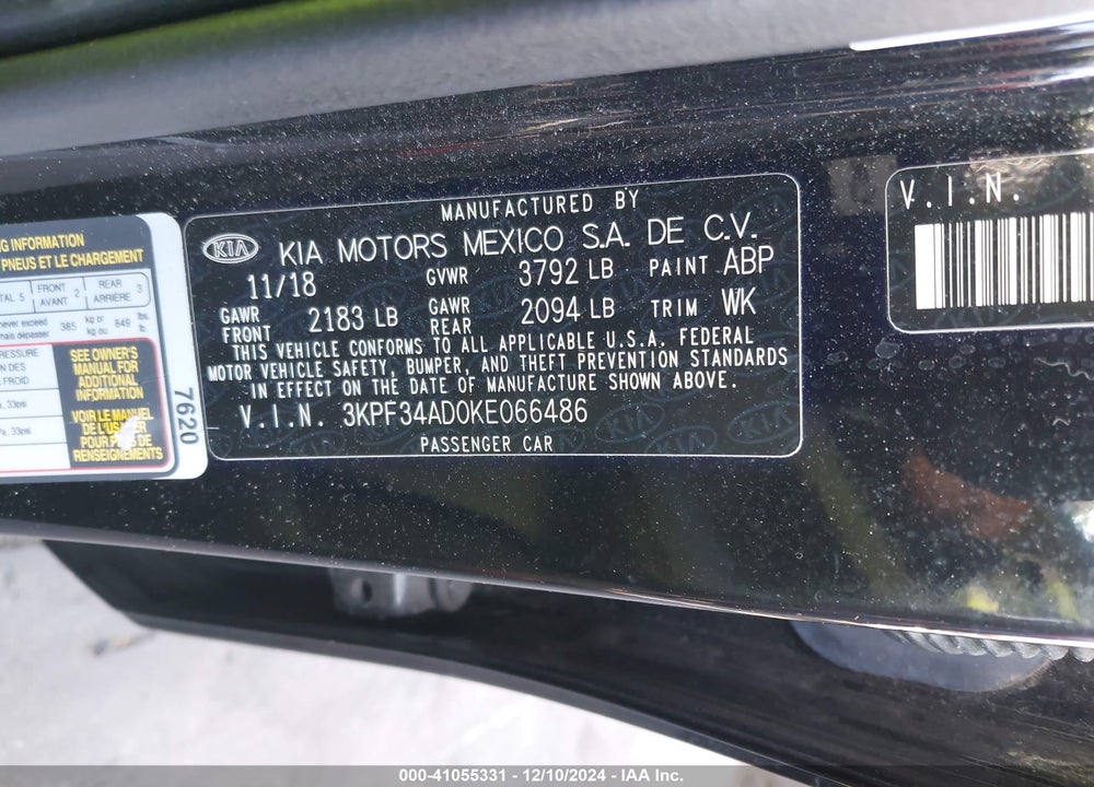 2019 KIA FORTE S VIN: 3KPF34AD0KE066486