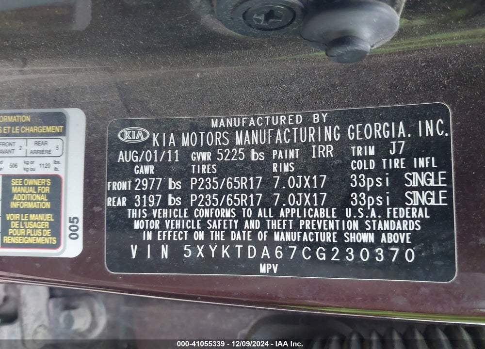 2012 KIA SORENTO LX VIN: 5XYKTDA67CG230370