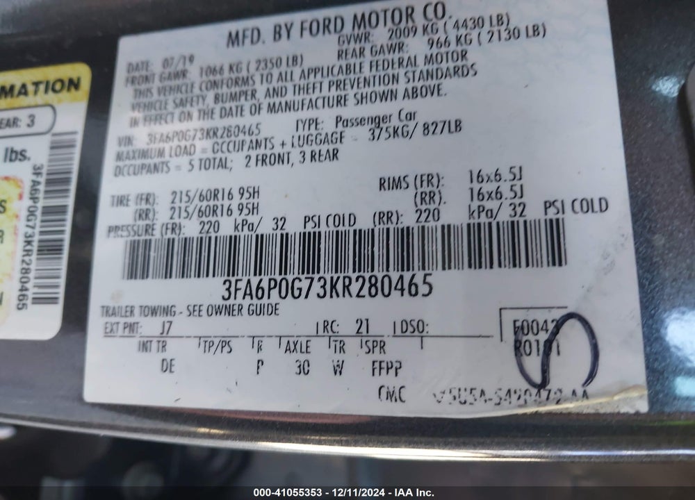 2019 FORD FUSION S VIN: 3FA6P0G73KR280465