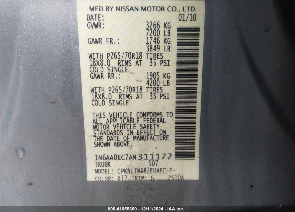 2010 NISSAN TITAN SE VIN: 1N6AA0EC7AN311172