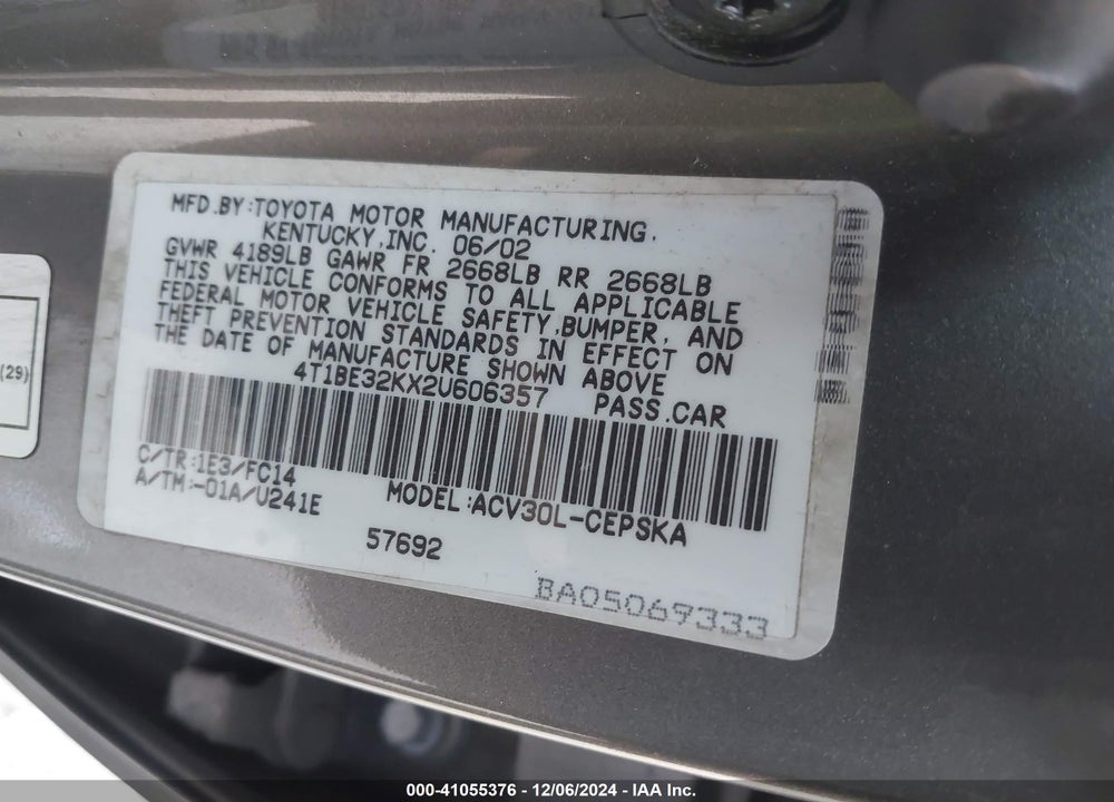 2002 TOYOTA CAMRY SE VIN: 4T1BE32KX2U606357