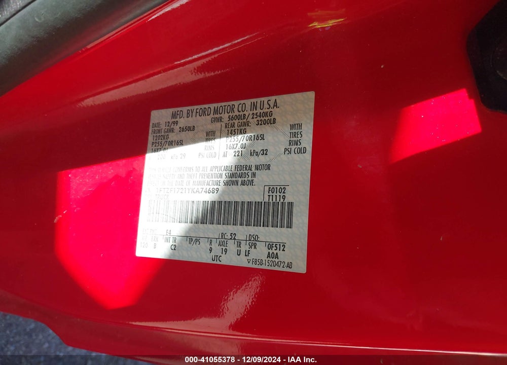 2000 FORD F-150 WORK SERIES/XL/XLT VIN: 1FTZF1721YKA74689