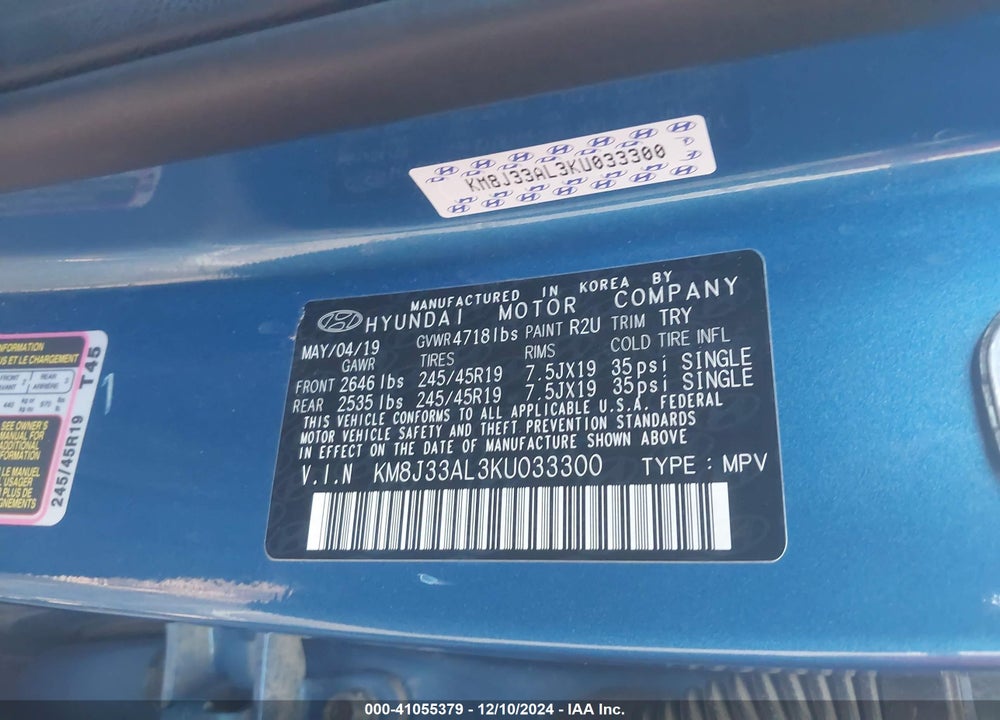 2019 HYUNDAI TUCSON SPORT VIN: KM8J33AL3KU033300