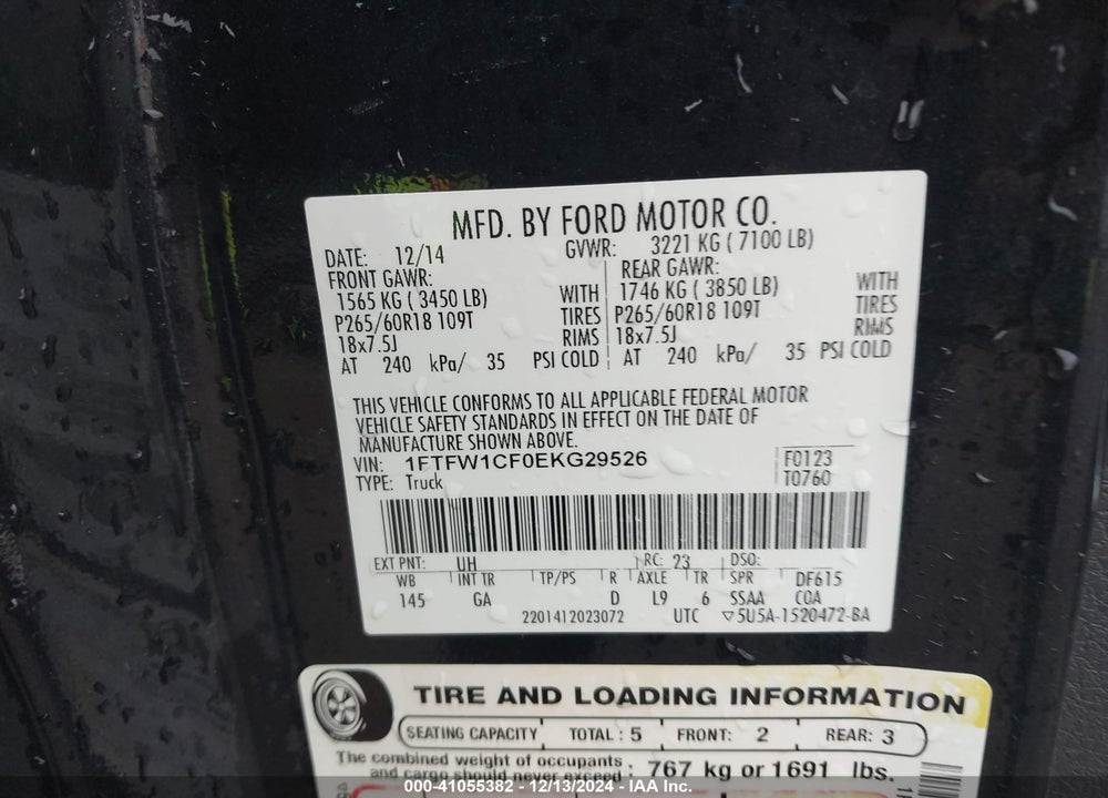 2014 FORD F-150 XLT VIN: 1FTFW1CF0EKG29526
