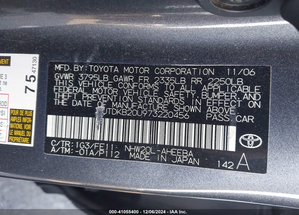 2007 TOYOTA PRIUS VIN: JTDKB20U973220456