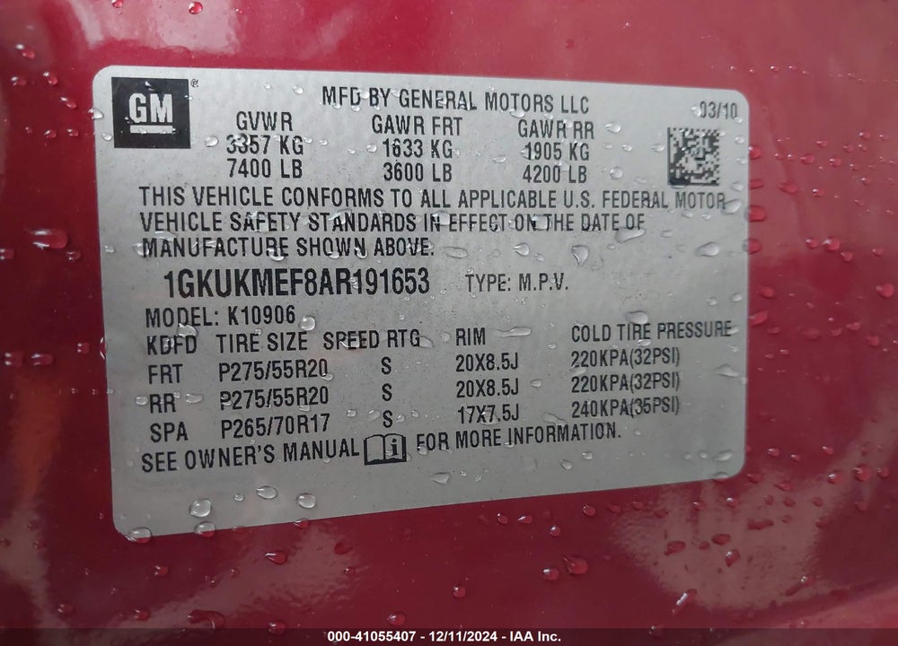 2010 GMC YUKON XL 1500 DENALI VIN: 1GKUKMEF8AR191653