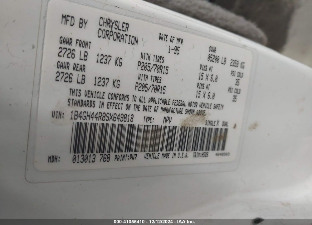 1995 DODGE GRAND CARAVAN SE VIN: 1B4GH44R8SX649818