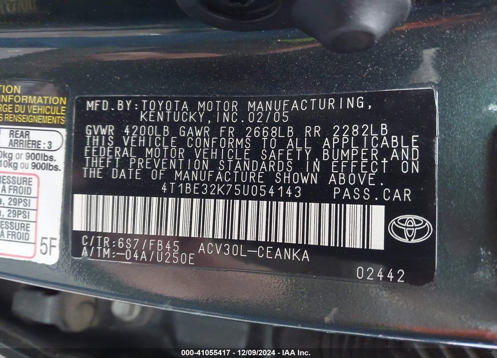 2005 TOYOTA CAMRY LE VIN: 4T1BE32K75U054143