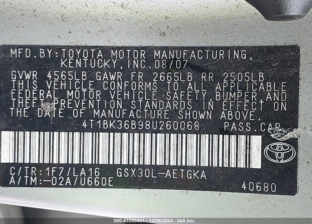 2008 TOYOTA AVALON XLS VIN: 4T1BK36B98U260068