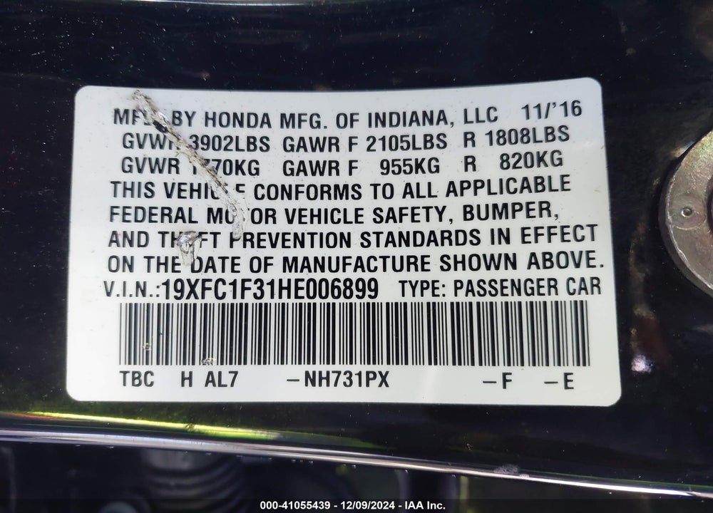 2017 HONDA CIVIC VIN: 19XFC1F31HE006899