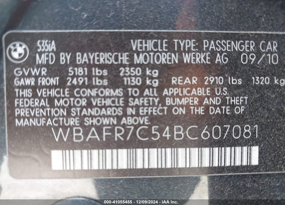2011 BMW 535I VIN: WBAFR7C54BC607081
