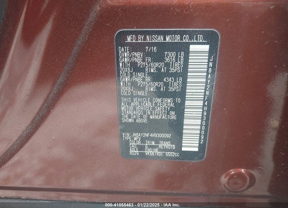 2017 NISSAN ARMADA PLATINUM VIN: JN8AY2NF4H9300092