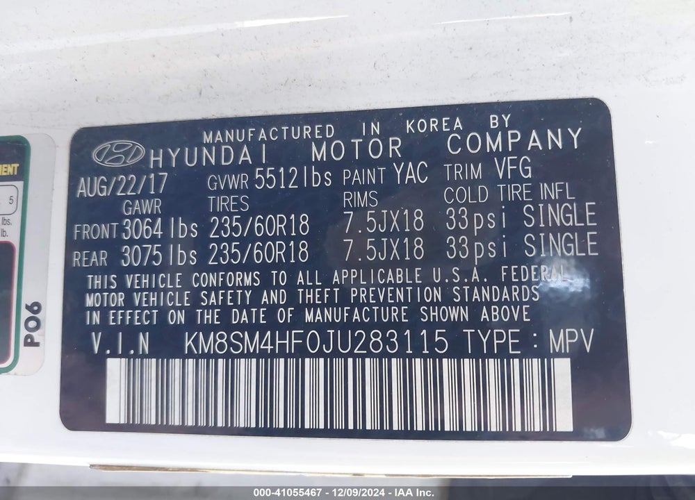 2018 HYUNDAI SANTA FE VIN: KM8SM4HF0JU283115