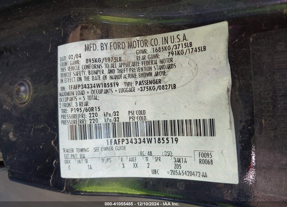 2004 FORD FOCUS SE VIN: 1FAFP34334W185519
