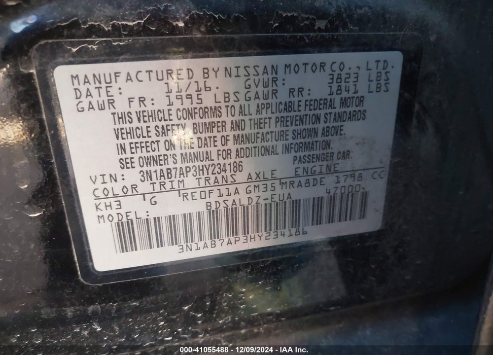 2017 NISSAN SENTRA SV VIN: 3N1AB7AP3HY234186