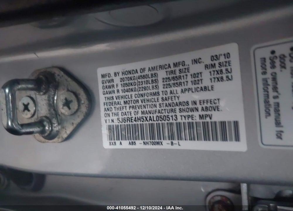 2010 HONDA CR-V EX VIN: 5J6RE4H5XAL050513