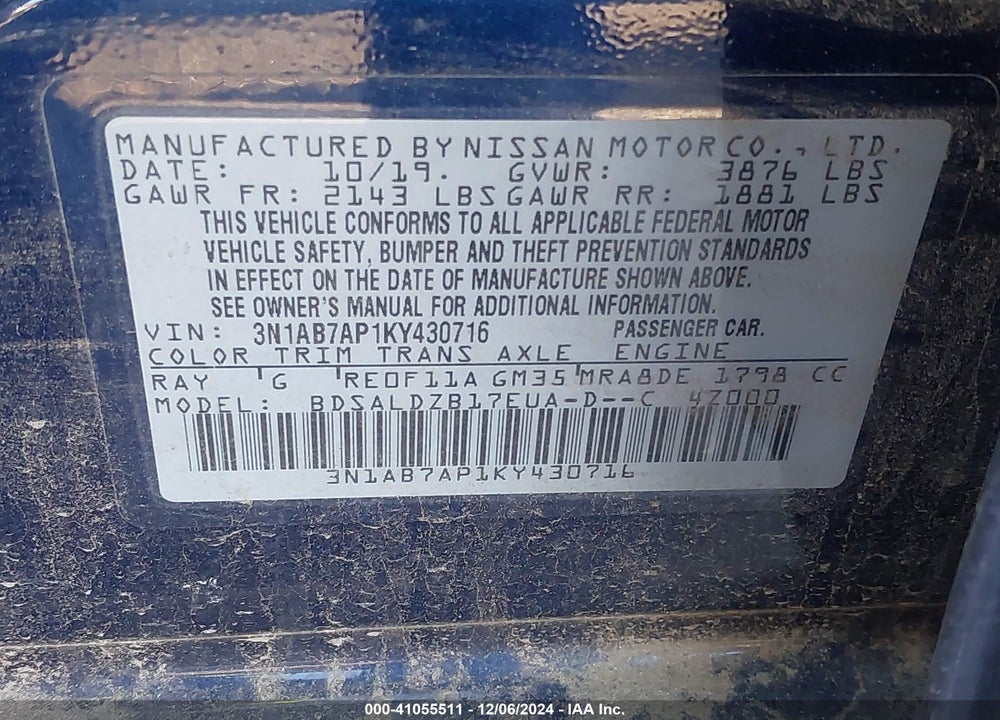2019 NISSAN SENTRA VIN: 3N1AB7AP1KY430716
