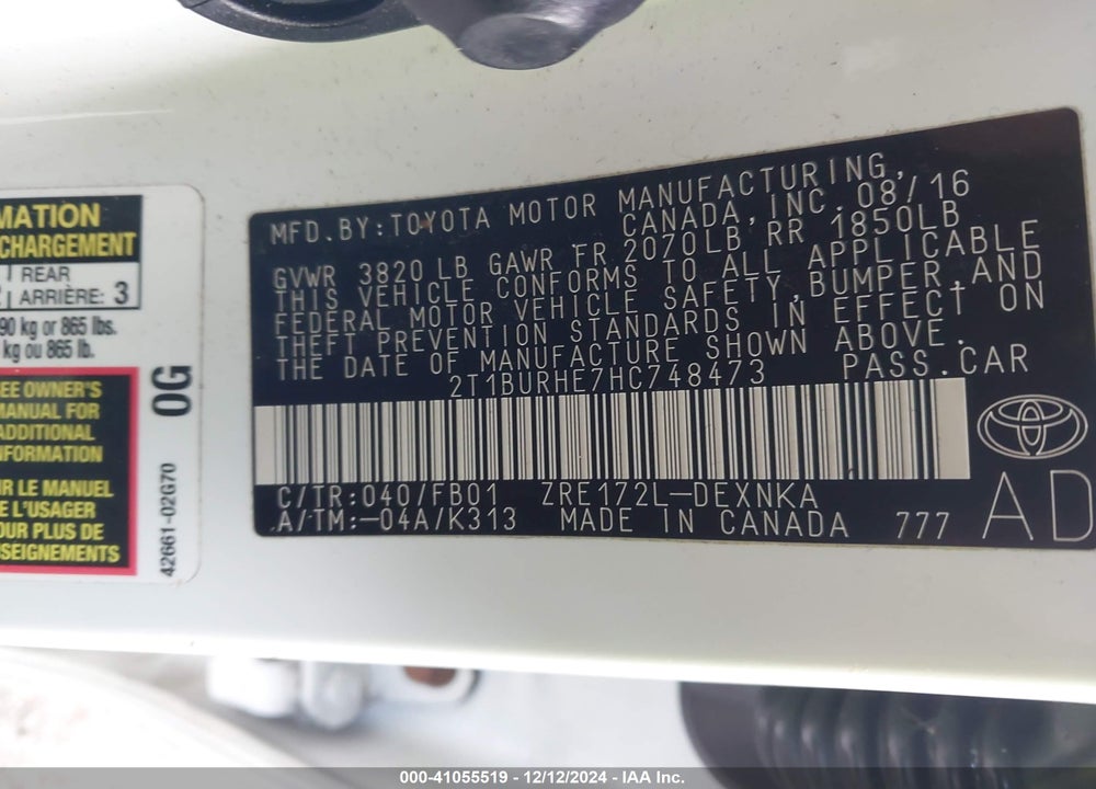 2017 TOYOTA COROLLA L/LE/XLE/SE/XSE VIN: 2T1BURHE7HC748473