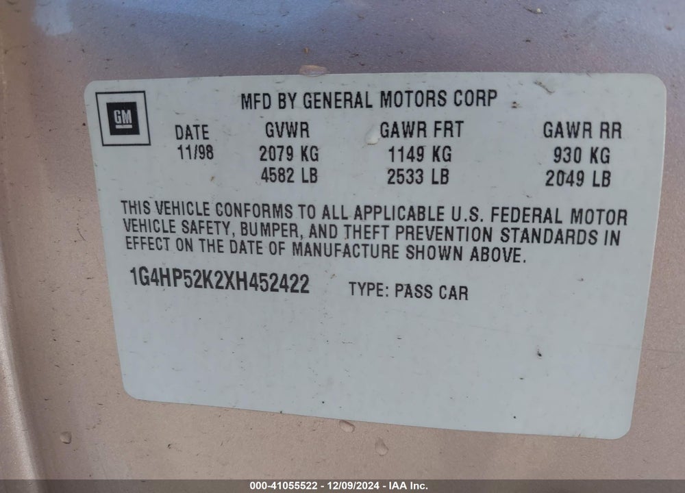 1999 BUICK LESABRE CUSTOM CMI VIN: 1G4HP52K2XH452422