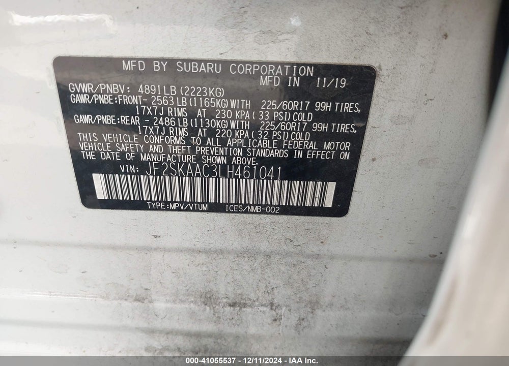 2020 SUBARU FORESTER VIN: JF2SKAAC3LH461041