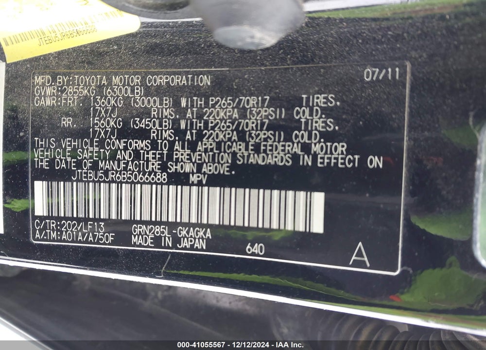 2011 TOYOTA 4RUNNER SR5 V6 VIN: JTEBU5JR6B5066688