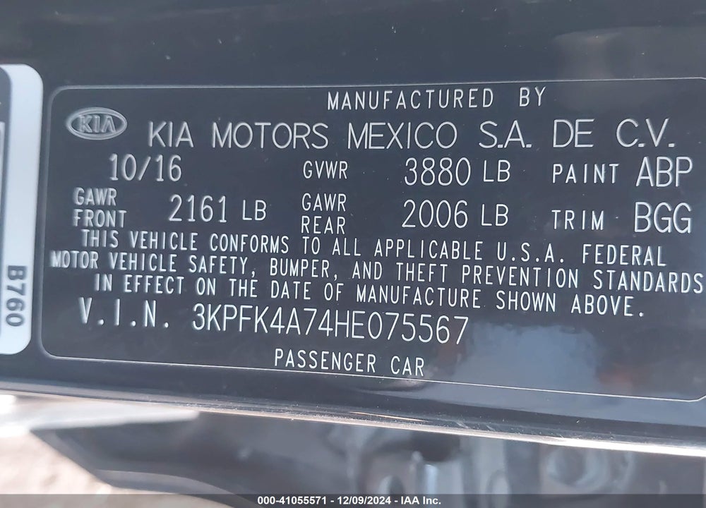 2017 KIA FORTE LX VIN: 3KPFK4A74HE075567