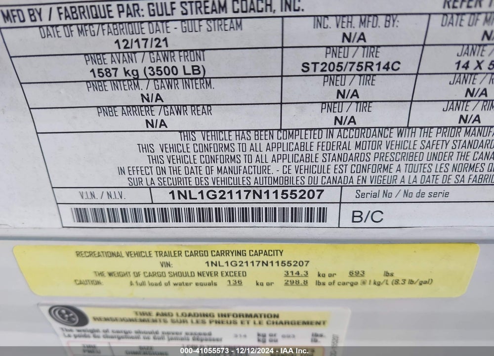 2022 GULFSTREAM AMERILITE VIN: 1NL1G2117N1155207