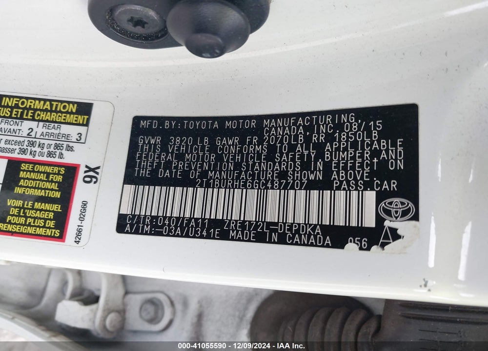 2016 TOYOTA COROLLA L VIN: 2T1BURHE6GC487707