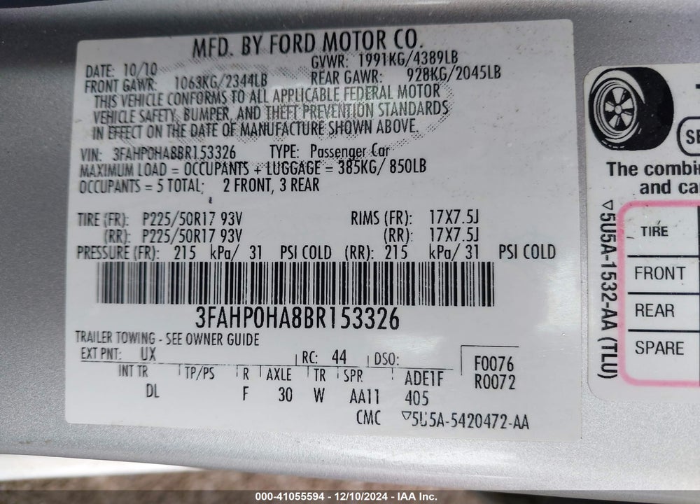 2011 FORD FUSION SE VIN: 3FAHP0HA8BR153326
