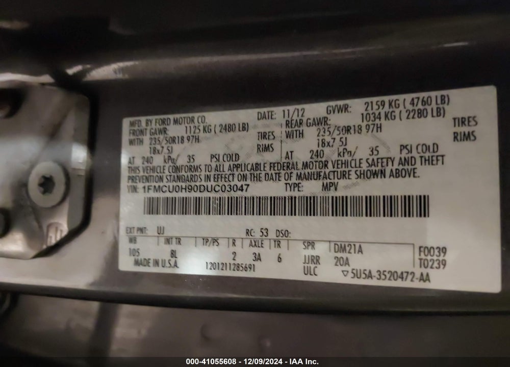 2013 FORD ESCAPE SEL VIN: 1FMCU0H90DUC03047