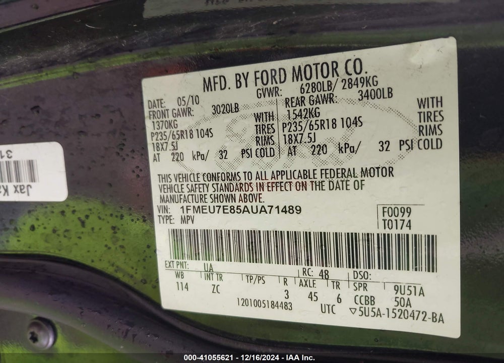 2010 FORD EXPLORER EDDIE BAUER VIN: 1FMEU7E85AUA71489