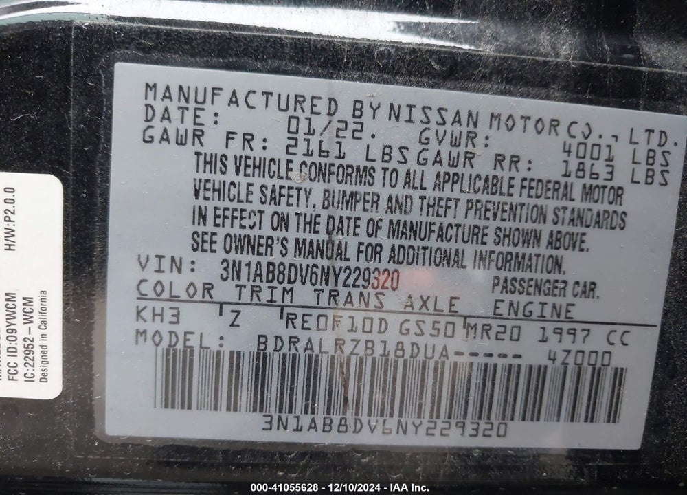2022 NISSAN SENTRA SR XTRONIC CVT VIN: 3N1AB8DV6NY229320