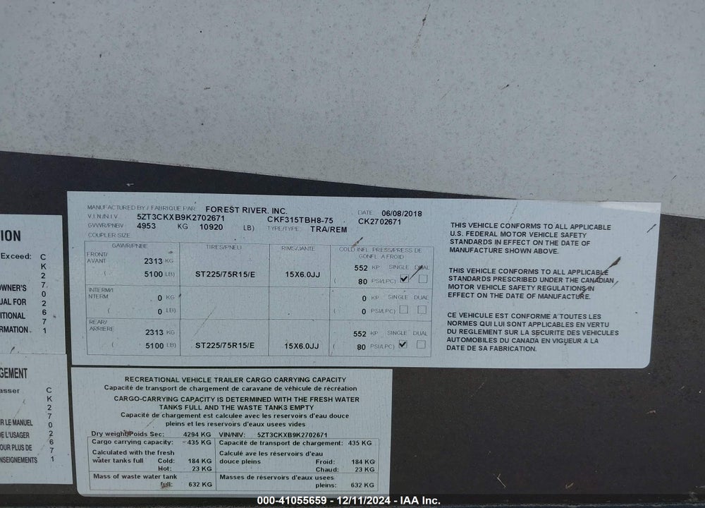 2019 FOREST RIVER OTHER VIN: 5ZT3CKXB9K2702671
