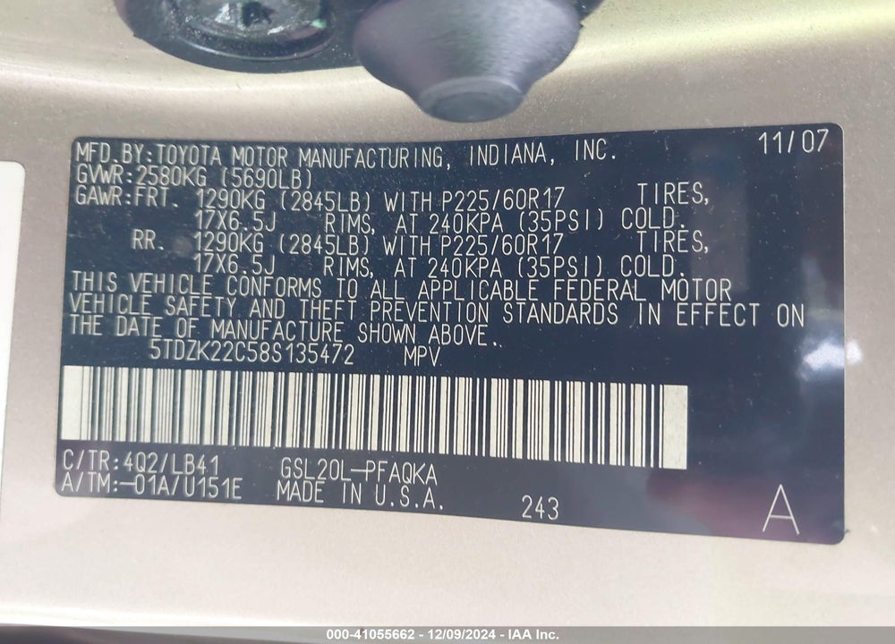 2008 TOYOTA SIENNA LIMITED VIN: 5TDZK22C58S135472