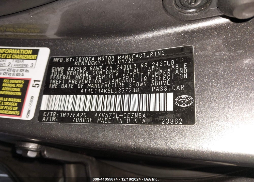 2020 TOYOTA CAMRY LE VIN: 4T1C11AK5LU337238