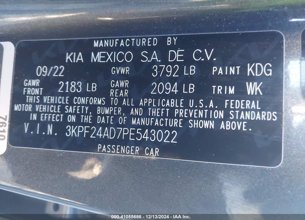 2023 KIA FORTE LXS VIN: 3KPF24AD7PE543022