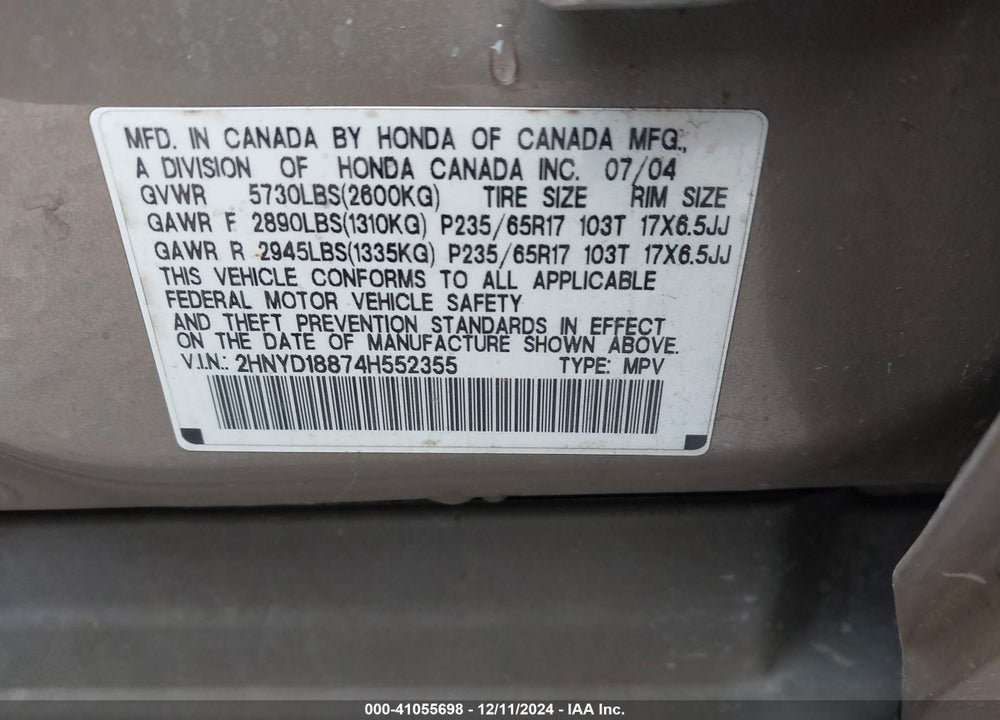 2004 ACURA MDX VIN: 2HNYD18874H552355