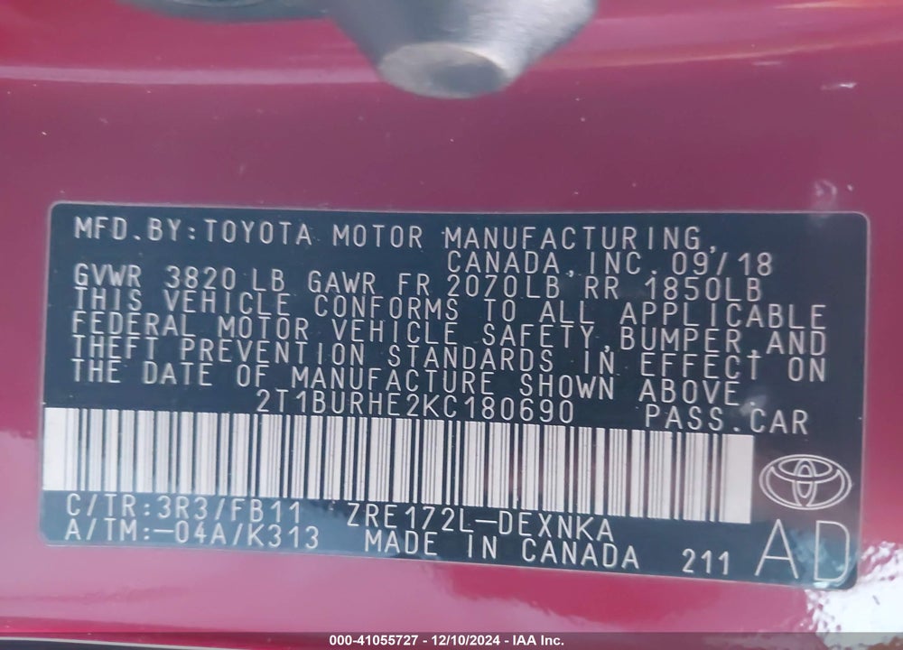 2019 TOYOTA COROLLA LE VIN: 2T1BURHE2KC180690