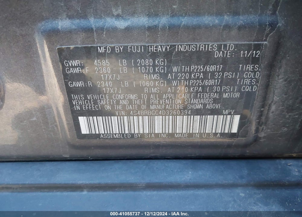 2013 SUBARU OUTBACK 2.5I PREMIUM VIN: 4S4BRBGC4D3260394