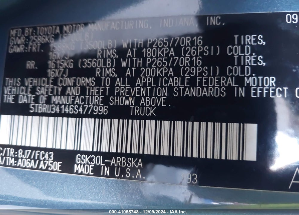 2006 TOYOTA TUNDRA SR5 VIN: 5TBRU34146S477996
