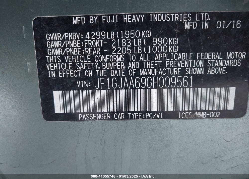 2016 SUBARU IMPREZA 2.0I VIN: JF1GJAA69GH009561