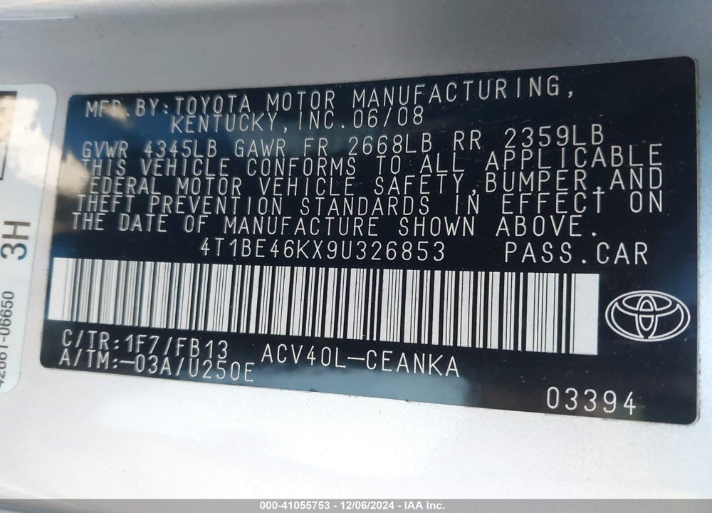 2009 TOYOTA CAMRY LE VIN: 4T1BE46KX9U326853