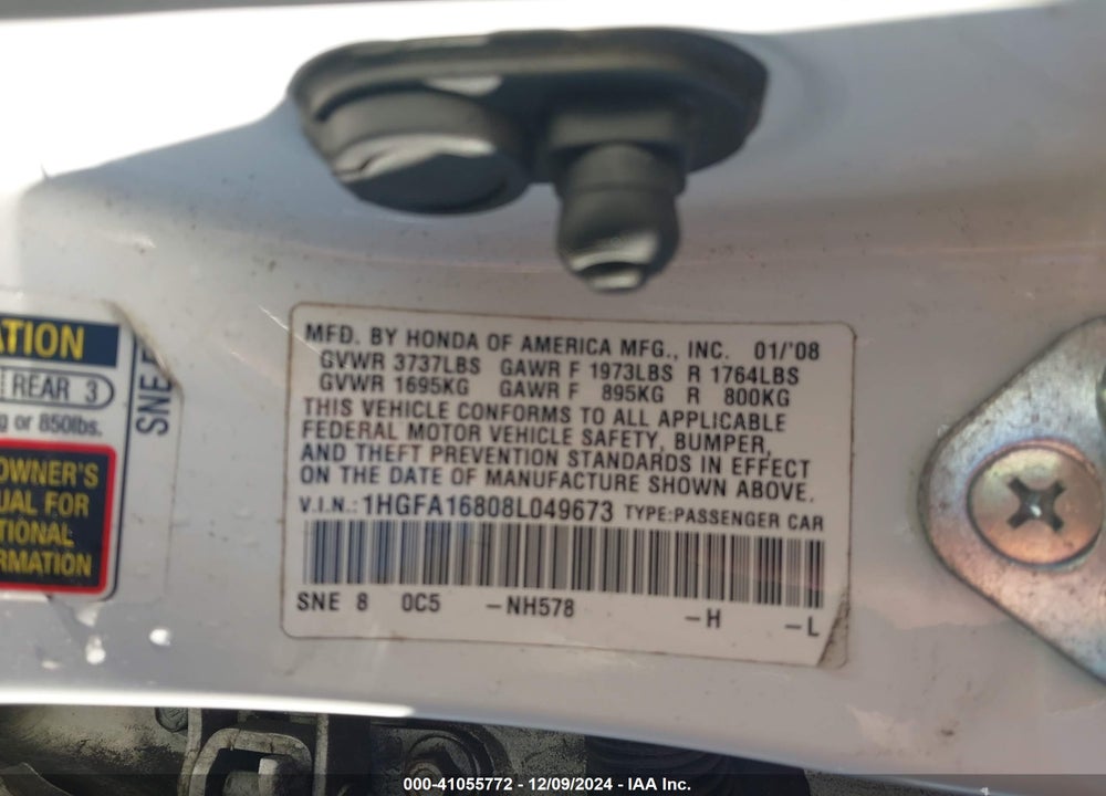 2008 HONDA CIVIC EX VIN: 1HGFA16808L049673