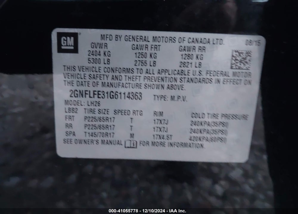 2016 CHEVROLET EQUINOX LT VIN: 2GNFLFE31G6114363