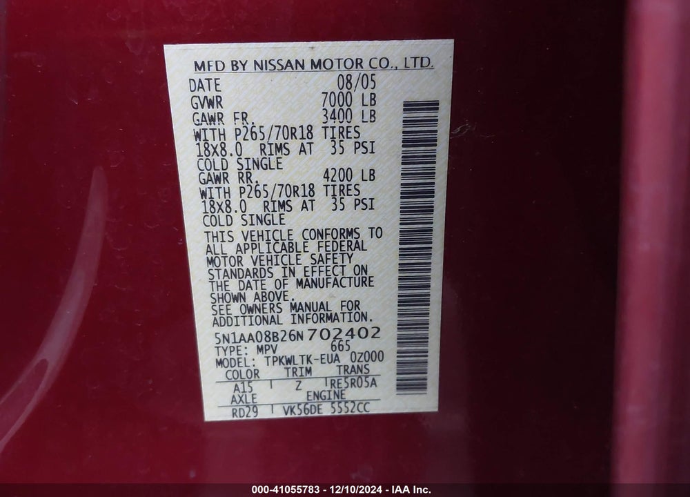 2006 NISSAN ARMADA SE VIN: 5N1AA08B26N702402