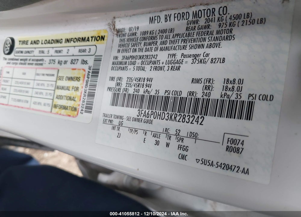 2019 FORD FUSION VIN: 3FA6P0HD3KR283242