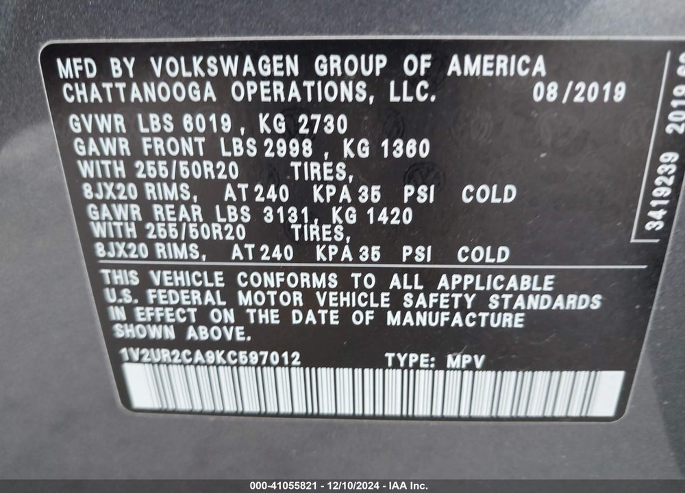 2019 VOLKSWAGEN ATLAS 3.6L V6 SE W/TECHNOLOGY VIN: 1V2UR2CA9KC597012