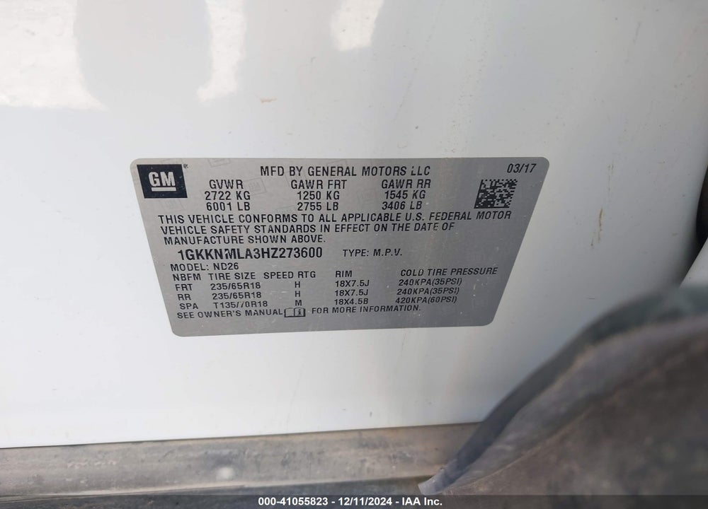 2017 GMC ACADIA SLT-1 VIN: 1GKKNMLA3HZ273600
